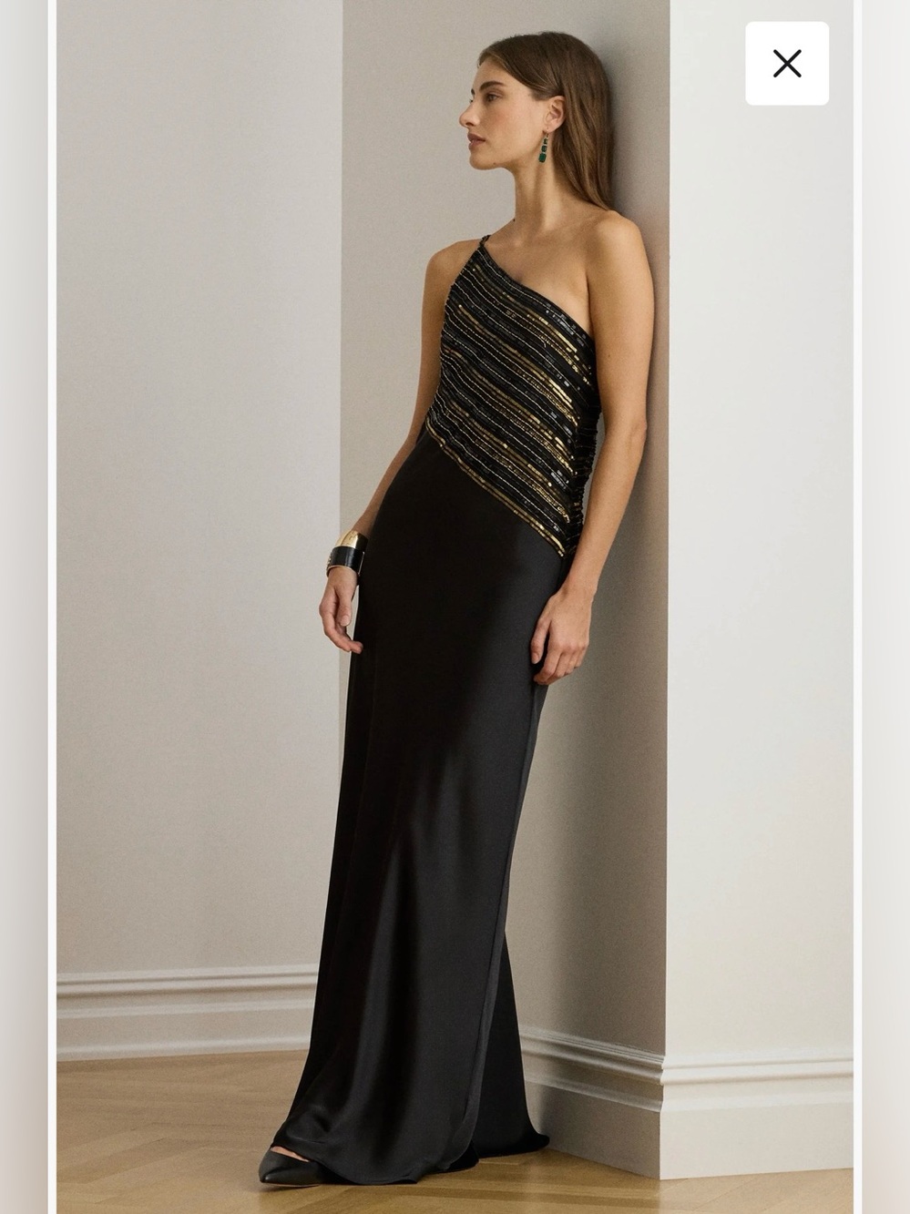 Ralph Lauren Beaded Mesh One-Shoulder Gown